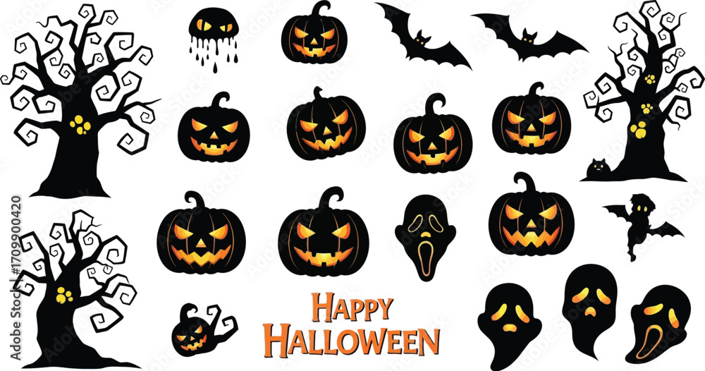 Fototapeta premium Spooky halloween elements featuring pumpkins, ghosts, bats, and trees for creating eerie and festive designs