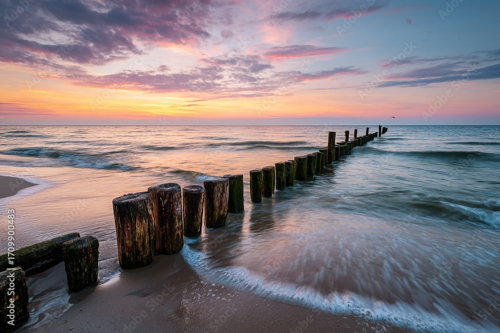 Fototapeta premium Serene Baltic Sea Beachscape at Sunset with Wooden Groynes and Dramatic Sky