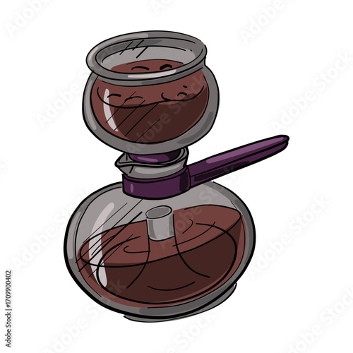 Retro-style vacuum brewer. Colorful illustration on white. Glass. Item for making coffee at home, in cafes, cafeterias, or bakeries. Morning energy hot drinks for a boost. Coffee drink