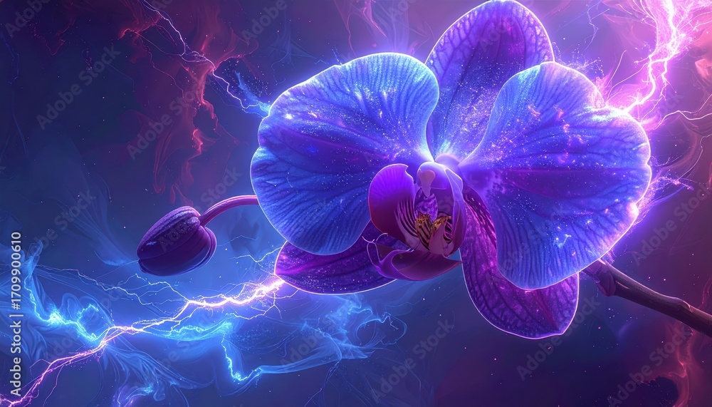 Obraz premium A vibrant orchid, bathed in electric hues, glows with an otherworldly aura against a backdrop of swirling energy.
