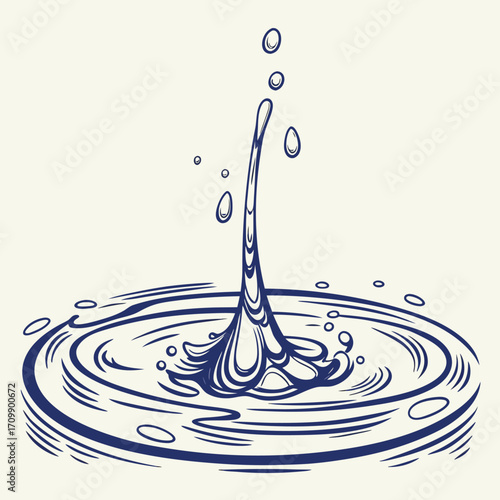 Blue water splash with a clean, abstract wave and a ripple of a droplet
