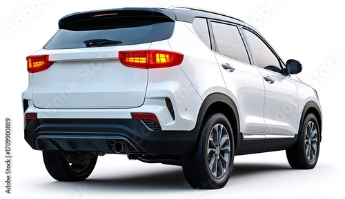 Rear view of a white SUV.  Modern, compact, and sleek.  Dark accents.  Clear glass.  Isolated on white background