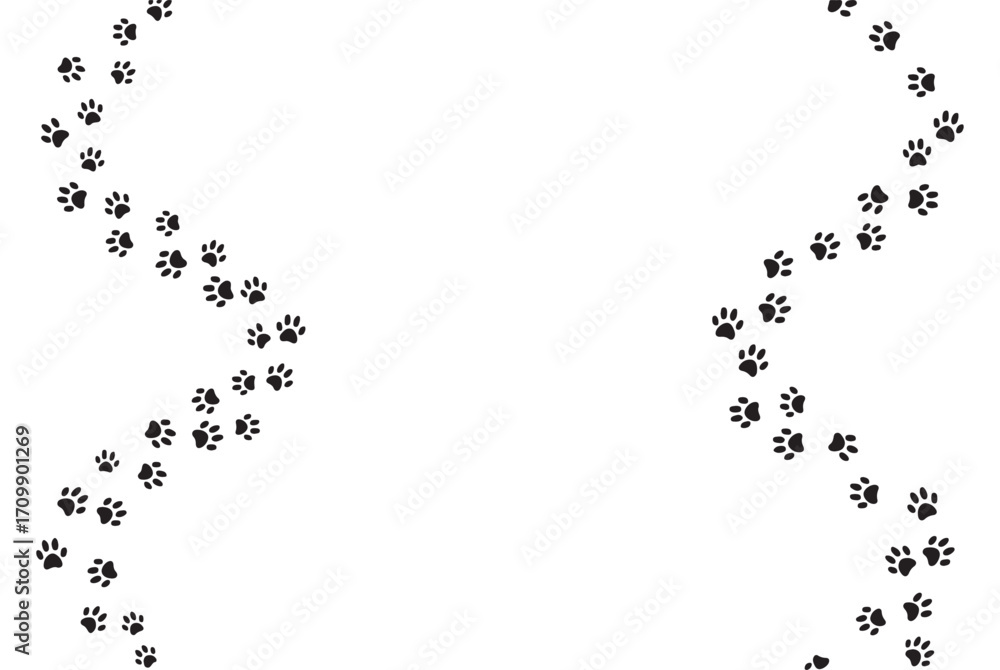 Obraz premium Winding path of animal paw prints isolated on white for wildlife and pet themes silhouette