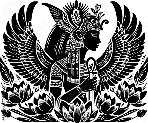 Egyptian goddess with wings holding ankh surrounded by lotus flowers  