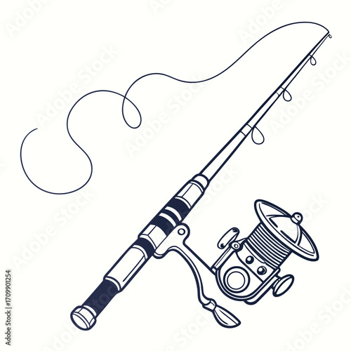 Black electric fishing rod and reel vector illustration with a power plug and wire