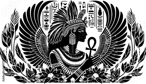 Egyptian goddess illustration with ankh symbol and lotus flowers  