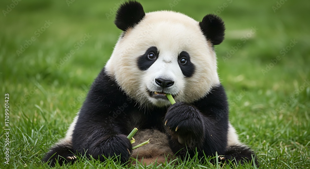 Fototapeta premium Captivating portrait of a magnificent giant panda, peacefully indulging in its bamboo snack amidst vibrant green foliage, embodying natural beauty and wildlife
