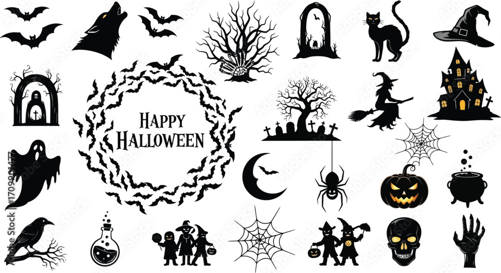 Fototapeta premium Spooky halloween vector illustration with bats, wolf, haunted house, witch, ghost, pumpkin, and other creepy elements