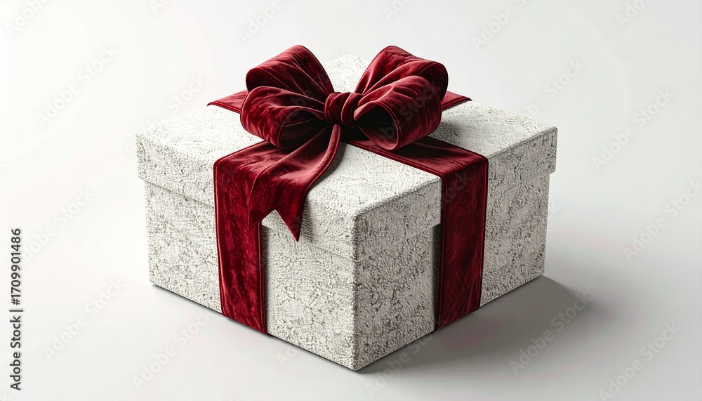 Obraz premium Elegant gift box wrapped with a red velvet ribbon sitting on a white surface, conveying a sense of celebration and anticipation.
