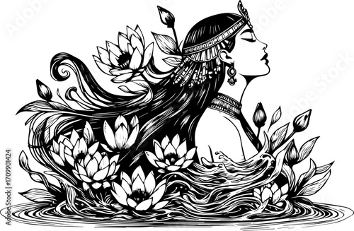 Woman with flowing hair surrounded by lotus flowers in water  