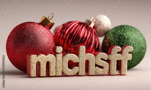 Festive Christmas baubles, golden text