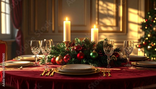 Wallpaper Mural Festive christmas table setting with candles illuminates elegant dining room, creating warm and inviting atmosphere for holiday celebration. Torontodigital.ca
