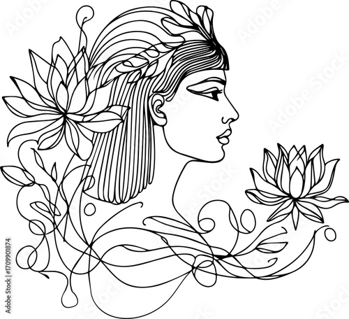 Woman profile illustration with floral elements in line art style  