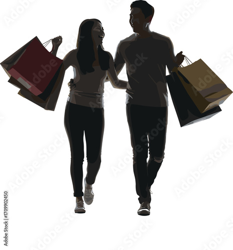 Smiling couple walking with shopping bags, enjoying retail therapy, bonding over fashion, lifestyle purchases, consumer happiness, and mall shopping experience.