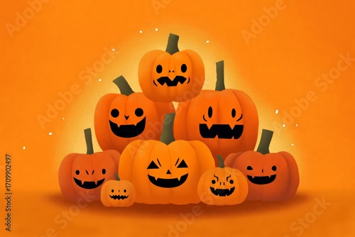 Funny cartoon jack-o-lanterns with different silly expressions standing together, Halloween illustration