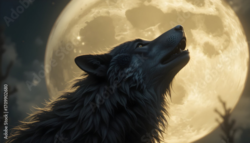 Howling wolf under full moon enchanted forest digital art nighttime captivating nature scene