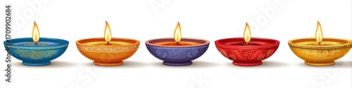 Colorful diya lamps with lit flames
