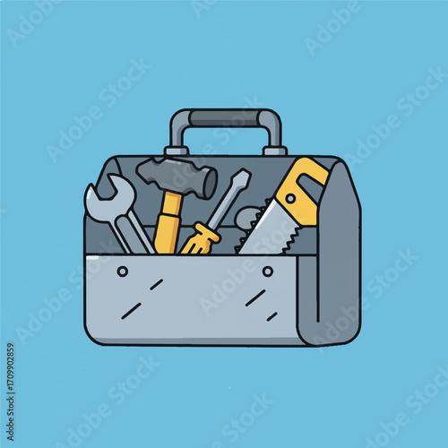 A metallic toolbox with various tools inside, including a hammer, wrench, screwdriver, and saw.