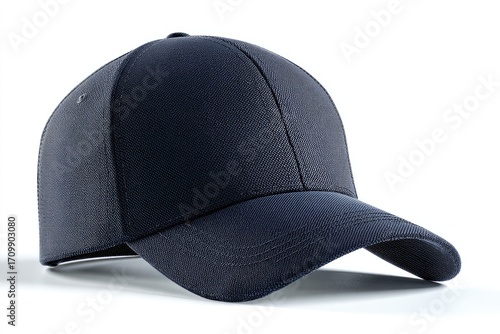 Navy blue baseball cap angled on white background