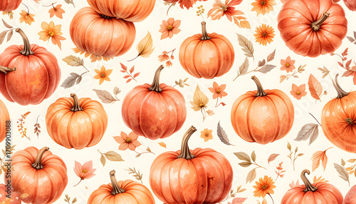 Harvesting autumn vibes pumpkins and fall leaves pattern cozy home decor warm color palette close-up view