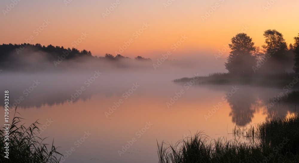 Fototapeta premium Misty Sunrise Over Calm Lake with Tree Reflections