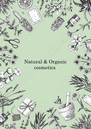 Natural and Organic Cosmetic. Herbs. Hand-drawn illustration of plants and objects. Ink. Vector	