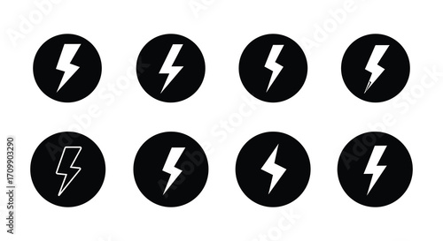Collection of black and white lightning bolt icons in oval shapes