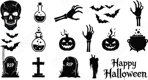 Halloween silhouettes featuring skull, potion, hand, bats, pumpkin, tombstone, cross, rip, and happy halloween text