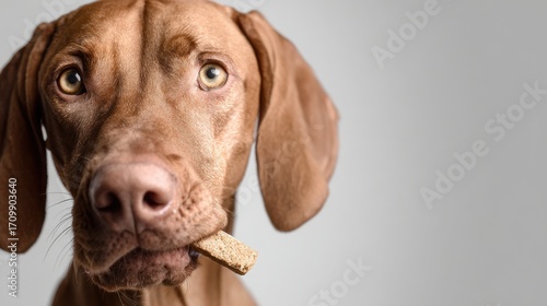 Wallpaper Mural Dog holding a treat in its mouth looks playfully at the camera in a well-lit indoor setting with a light background Torontodigital.ca