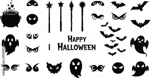 Halloween silhouettes featuring cauldron, eyes, wand, bats, ghost, and happy halloween text for festive decorations