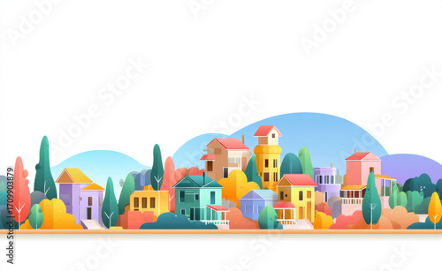 Colorful town illustration featuring vibrant houses, trees, and hills, creating cheerful and inviting atmosphere. scene showcases variety of architectural styles and colors, enhancing lively