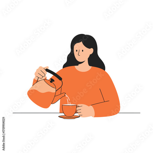 Vector art of a woman pouring tea from a teapot into a cup