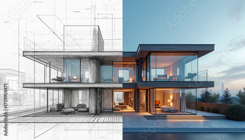 Split image shows architectural design evolution from blueprint sketch to modern reality. Left side displays detailed building plans, right side luxurious contemporary house with glass facades,
