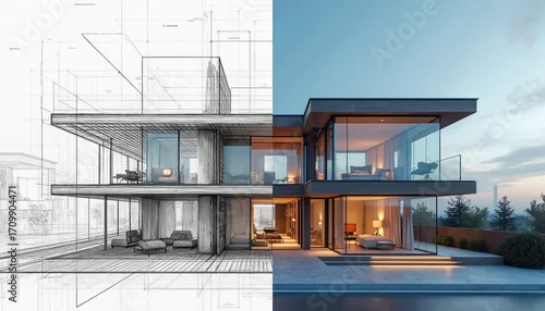 Fototapeta Split image shows architectural design evolution from blueprint sketch to modern reality. Left side displays detailed building plans, right side luxurious contemporary house with glass facades,
