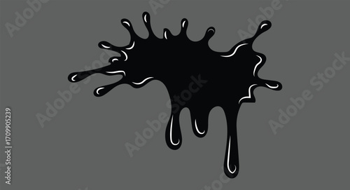 Black Ink Splatter Blob with Dripping Tendrils on Gray Background liquid splash