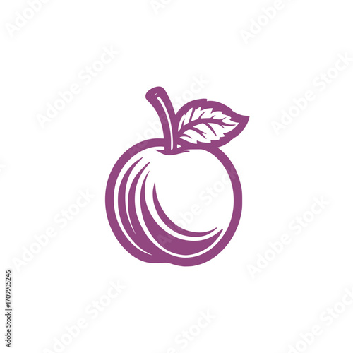 Outline style plum with leaf vector. Abstract fruit icon