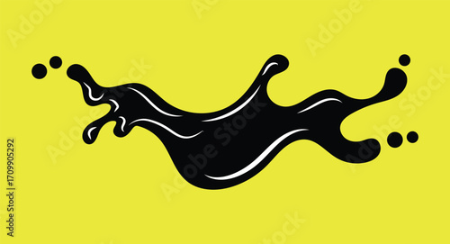 Black Ink Splatter Blob with Droplets on Yellow Background liquid splash