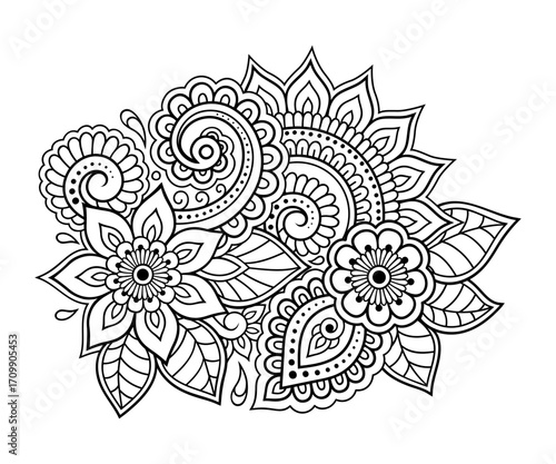 Mehndi flower pattern for Henna drawing and tattoo. Decoration in ethnic oriental, Indian style. Doodle ornament. Outline hand draw vector illustration.