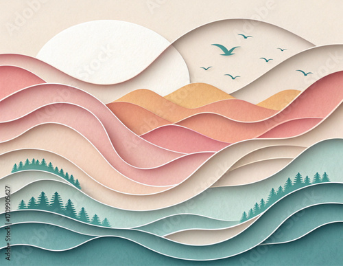 Pastel Overlapping Wavy Paper Cut Abstract
