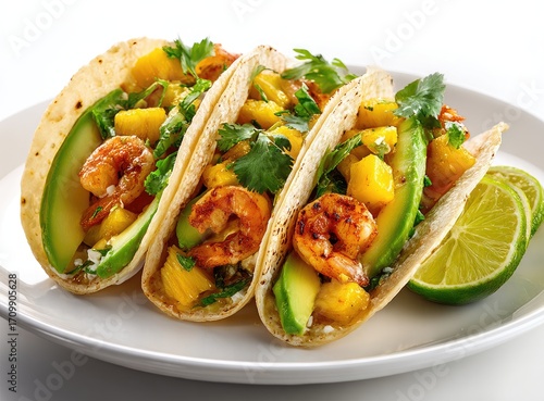 Three shrimp tacos topped with mango, avocado, and cilantro, displayed on a white plate with lime wedges