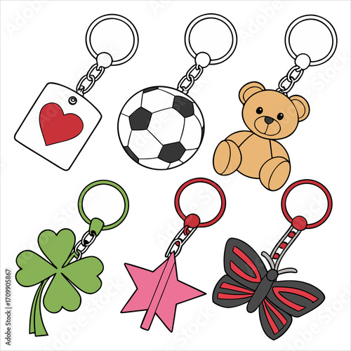 Keychains and keyrings set. heart, butterfly, cat, car, earth shaped key fobs isolated on white background. vector illustration for trinket, souvenir, opening door, property rent concept
