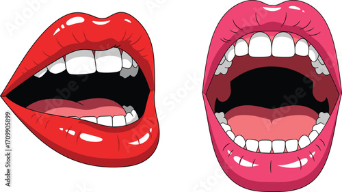 Vector illustration of cartoon open mouths with glossy red and pink lips, teeth, and tongue, ideal for pop art design