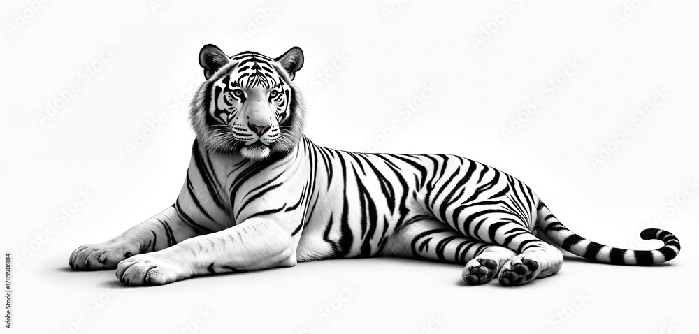 Fototapeta premium Monochrome pencil sketch illustration of majestic white tiger resting peacefully. Powerful predator with striking black stripes displays elegant grace. Realistic portrait of endangered big cat,