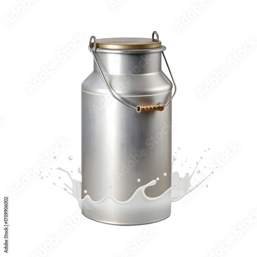 Aluminum milk can with milk splash. Fresh dairy product concept.