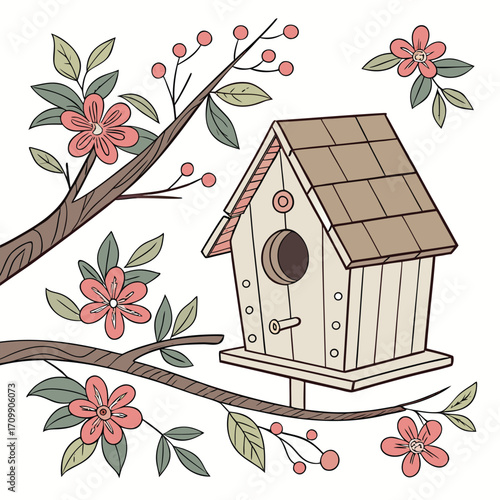 A charming wooden birdhouse with a rustic roof sits nestled among vibrant spring flowers in a green garden
