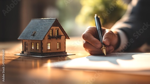 Signing the dream New homeowner sealing the deal with a pen beside miniature house with bright interior and golden