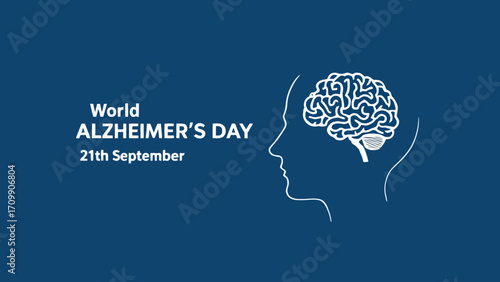 Minimalist vector illustration featuring a brain inside a head shaped like a question mark with bold white text “World Alzheimer’s Day 21th September” on a dark blue background