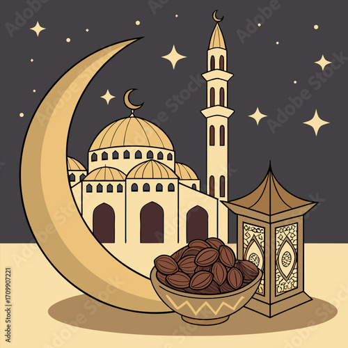 Ramadan kareem golden greeting banner illustration design template with golden 3d element