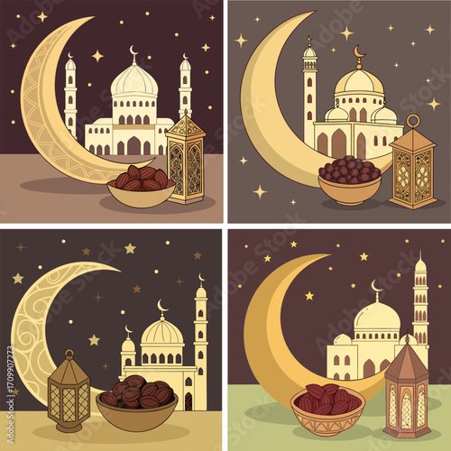 Ramadan kareem golden greeting banner illustration design template with golden 3d element