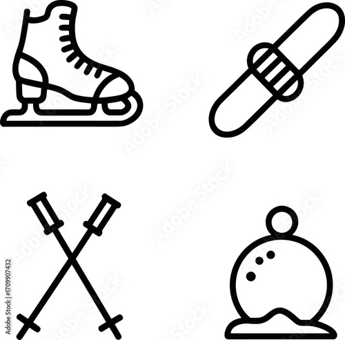 Winter Sports Equipment Ice Skates Snowboard Ski Poles and Beanie Bundle Design Elements for Outdoor Recreation and Seasonal Activities